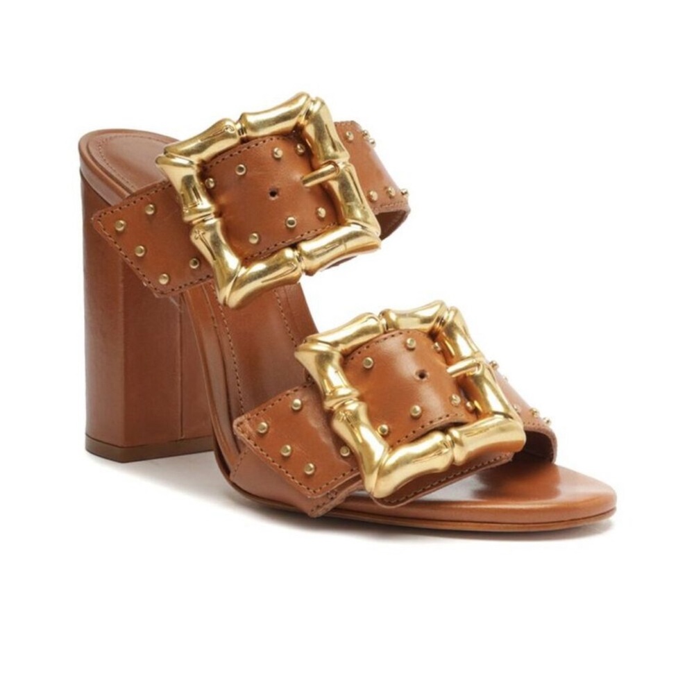 Brown and Gold Chunky Heel Sandals